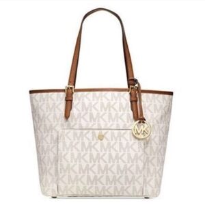 > Michael Kors Signature White and Brown Tote